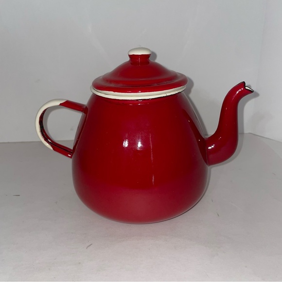 Red Enamelware Tea Kettle 1907 by Emalia Olkusz Stovetop Tea Pot Poland - Picture 2 of 10